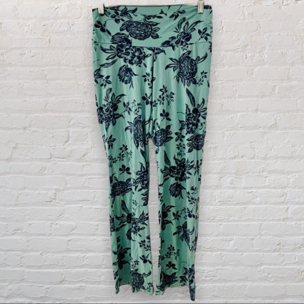 Motherhood Maternity floral stretchy pants, aqua / teal with navy blue flowers